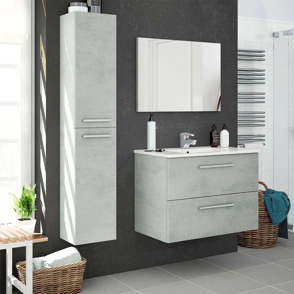 Dmora - Säulenschrank Alexandria, Badezimmerschrank mit 2 Türen, Hängewandschrank mit 2 Regalen, 30x25h150 cm, Betongrau