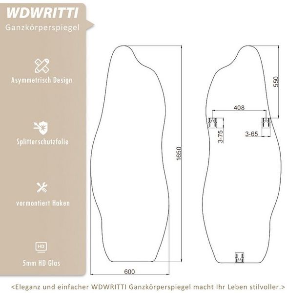 Boromal Spiegel gross Wandspiegel asymmetrisch rahmenlos für Wohnzimmer Schlafzimmer (Modern Ganzkörperspiegel Flurspiegel, 165x60cm), 5mm Kupfer- und bleifreier Spiegel mit Splitterschutzfolie Bild 4