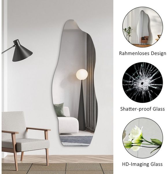 Boromal Spiegel gross Wandspiegel asymmetrisch rahmenlos für Wohnzimmer Schlafzimmer (Modern Ganzkörperspiegel Flurspiegel, 165x60cm), 5mm Kupfer- und bleifreier Spiegel mit Splitterschutzfolie