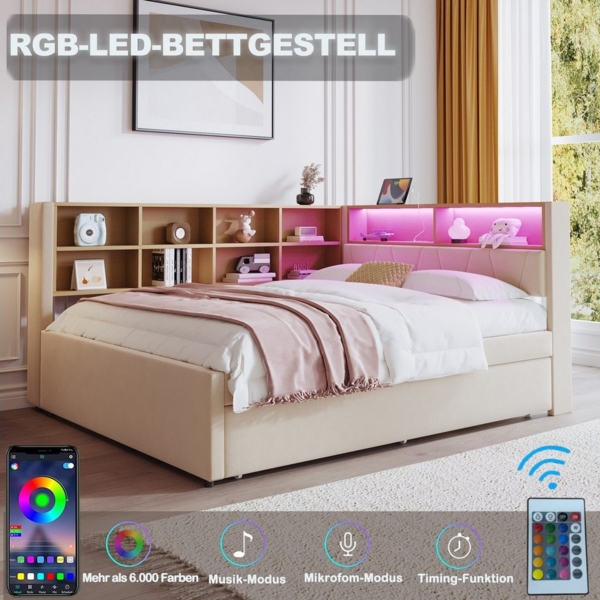 OKWISH Kinderbett Schlafsofa Funktionsbett Stauraumbett (Multifunktionales Daybett Tagesbett mit USB-Steckdose & Stauraum, Ausziehbett 90x190 cm, für Wohnzimmer, Jugendzimmer & Gästezimmer 140x200 cm), ohne Matratze Bild 3