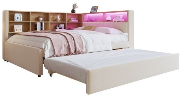 OKWISH Kinderbett Schlafsofa Funktionsbett Stauraumbett (Multifunktionales Daybett Tagesbett mit USB-Steckdose & Stauraum, Ausziehbett 90x190 cm, für Wohnzimmer, Jugendzimmer & Gästezimmer 140x200 cm), ohne Matratze Bild 4