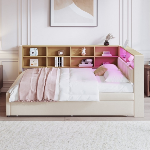 OKWISH Kinderbett Schlafsofa Funktionsbett Stauraumbett (Multifunktionales Daybett Tagesbett mit USB-Steckdose & Stauraum, Ausziehbett 90x190 cm, für Wohnzimmer, Jugendzimmer & Gästezimmer 140x200 cm), ohne Matratze Bild 2