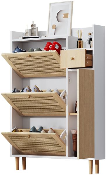 Rattan Schuhschrank aus MDF, platzsparend für enge Eingänge, mit 3 Kipptüren & 1 Seiten-Schublade, Massivholzbeine & Holzgriffe, Schuhkommode Natur-Weiß 90 x 17 x 125 cm für Flur Schlafzimmer
