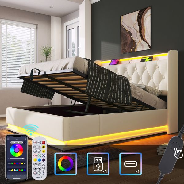 Polsterbett 160x200 cm Weiß mit 360° LED-Beleuchtung, Kopfteil mit USB Typ-C Ladefunktion & hydraulischem Stauraum