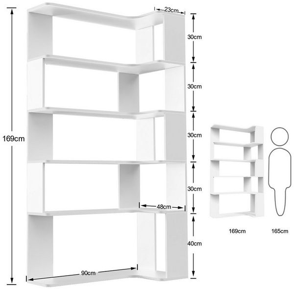 JEOBEST Bücherregal Eckregal, Eck-Bücherregal 5-stöckiges, Modernes Display Unit, L-förmiges Regal, H 169CM
