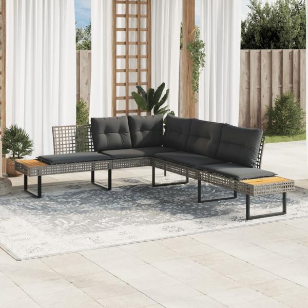 vidaXL Gartensofa in L-Form mit Kissen Grau Poly Rattan und Akazie 365635