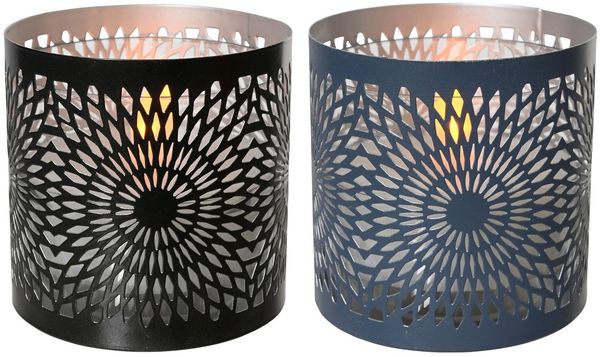 Lumineo LED Solarleuchte, Flacker Effekt, warmweiß, Solar LED Windlicht Kerze 8x8 cm Metall Schwarz / Blau 1 Stück sortiert