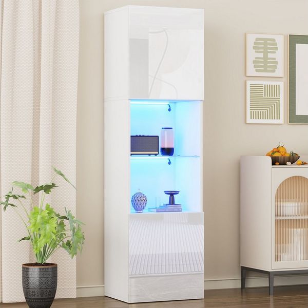 BlingBin Vitrine Hochglanzvitrine, Hochschränke, Lagerschrank mit LED-Beleuchtung (Produkttragfähigkeit: 60 kg (Tragfähigkeit der Trennwand aus gehärtetem Glas 20 kg), 1-St, 45*35*160 cm, Produktmaterial: Spanplatte) Freistehende Vitrinen mit 1 Glasböd...