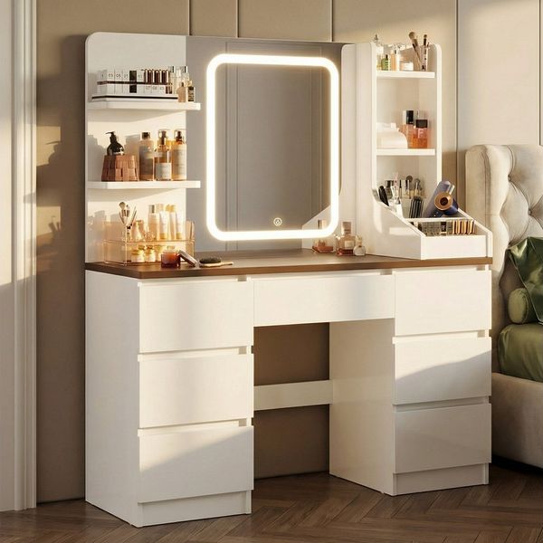 HOMALL Schminktisch Schminktisch Spiegel und LED Mit 7 Schubladen 8 Ablagefächern (GroBe: 110*40*139 cm Einstellbare drei Farbtemperaturen, um thr perfektes Make-up zu prasentieren)