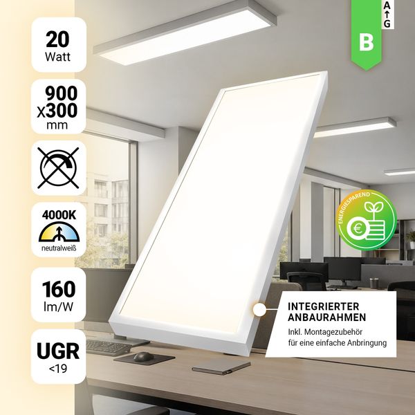 LED Anbaupanel 90x30cm Neutralweiß 4000K 20W UGR<19 3200lm Aufbauleuchte BLt