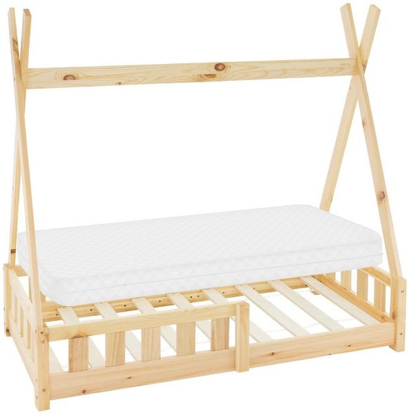 ML-DESIGN Spielbett Hausbett Tipi Zeltbett inkl. Lattenrost Bodenbett Kinder Himmelbett, Abenteuerbett mit Rausfallschutz Zelt Bett Kiefer Kinderhaus Natur