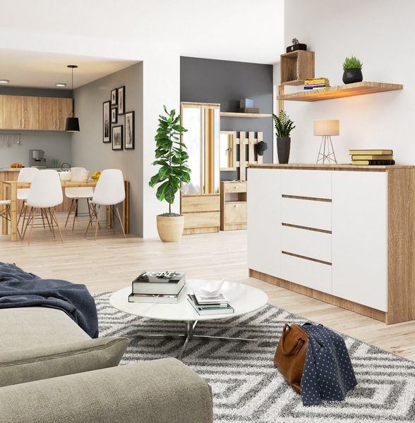 Raumhirsch Furniture Kommode mit 4 Schubladen, zwei Schranktüren, 160 cm breit Holz Schrank, Highboard / Kommode 160 cm, Sideboard Organizer für jeden Raum