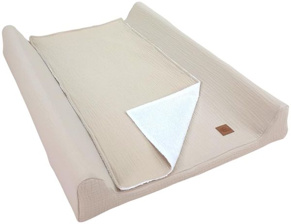 Wiklinopol Wickelauflage 50x70 cm Baby – 3in1 Set mit Abnehmbarem Musselin-Bezug (beige) Wickelunterlage Abwaschbar mit Umrandung + Wasserdichte Frottee-Wickeltischauflage für Unterwegs
