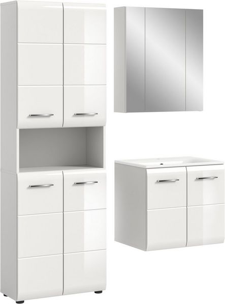 welltime Badezimmer-Set, (Set, 4-St), Florenz, Badkombination 4-tlg, Weiß hochglanz, inkl. Waschbecken