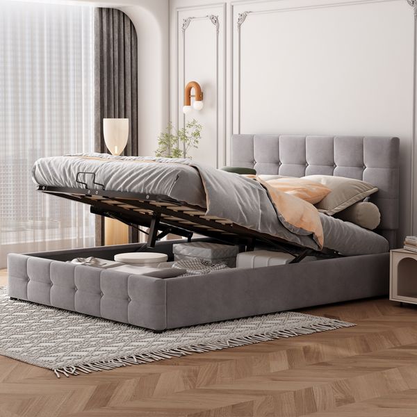 Polsterbett 140×200 cm mit hydraulischem Bettkasten und verstellbarem Kopfteil, Grau, ohne Matratze