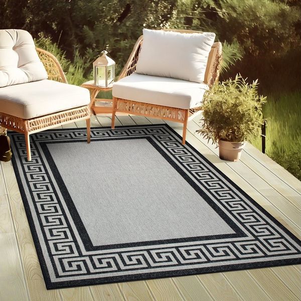oKu-Tex Outdoorteppich PLUTUS In- & Outdoor Teppich, Flachgewebe, Sisaloptik, rechteckig, Höhe: 3 mm, griechische Bordüre, UV-Resistent, Terrasse, Küche, Bad, Grau-Schwarz