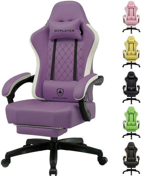 GTPLAYER Gaming Stuhl Ergonomischer Gaming Sessel Schreibtischstuhl Kunstleder, Federsitzkissen, Verbindungsarmlehnen und Fußstütze 150KG, lila