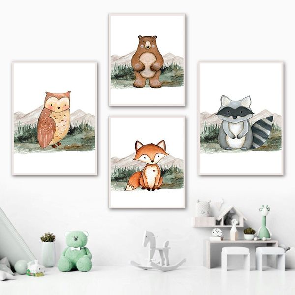 Poster Kinder Wald Tiere Fuchs Waschbär Reh Eule Fuchs Braunbär und Berge als Deko Print ohne Rahmen - F / 50X70cm Bild 10