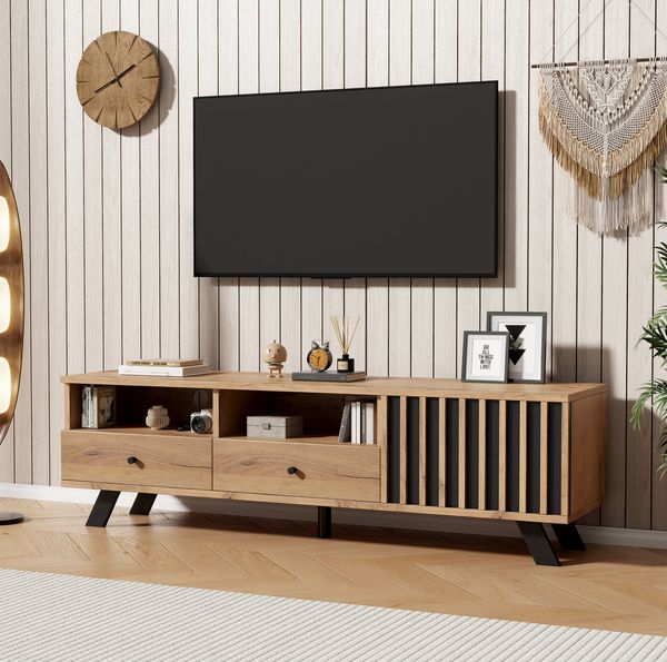 TV-Schrank 150 x 38 x 44 cm mit 2 Schubladen und Schrank – Lowboard in Naturholzfarbe und Schwarz