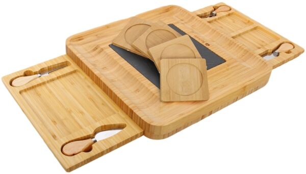 Todeco Bambus-Käsebrett mit Käsemesser Set, Charcuterie Board, mit 4 Käse-Messern, Ausziehbarer Schublade, Untersetzer und Schieferplattefür Weihnachten Valentinstag Geburtstag