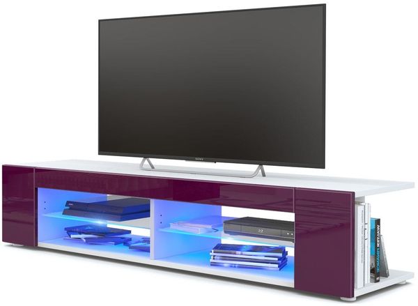 Vladon Lowboard Movie, TV-Kommode mit 4 offenen Fächern und Zierleisten, Weiß matt/Brombeer Hochglanz, inkl. LED-Beleuchtung blau (134 x 29 x 39 cm)