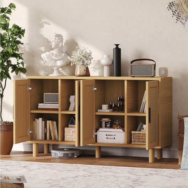 FUROKOY Sideboard Rattan Küchenschrank us Holz (Buffetschrank Highboard mit 4 Rattan Türen), für Schlafzimmer, Wohnzimmer, Flur, 140 x 40 x 80 cm, Holzfarbe