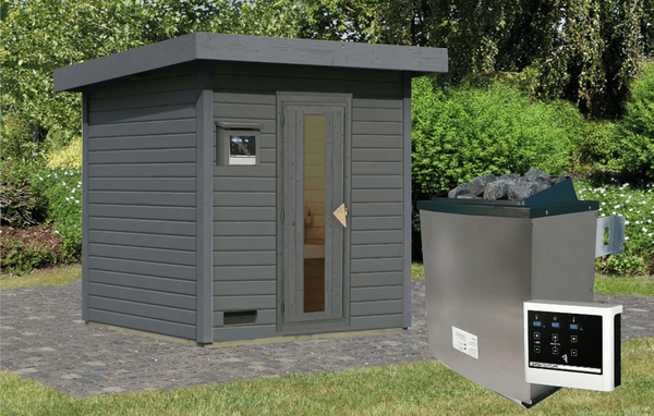 Karibu Sauna Hytti 2 terragrau mit 9 kW Ofen mit externer Steuerung