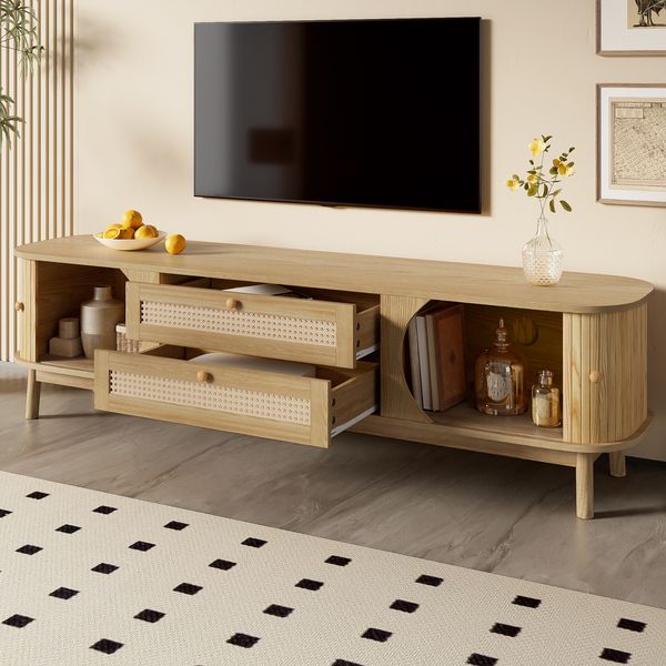 TV-Schrank 170 cm mit Massivholztüren & Rattan-Schubladen, natürlicher Lowboard Fernsehtisch, Stauraum & Holzfüßen