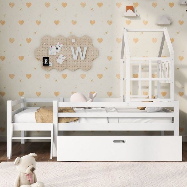 BlingBin Kinderbett Hausbett Hochbett mit Schubladen (1-tlg, mit Rausfallschutz und Leiter 90x200cm Weiß), inkl. Lattenrost, Kiefer-Massivholz