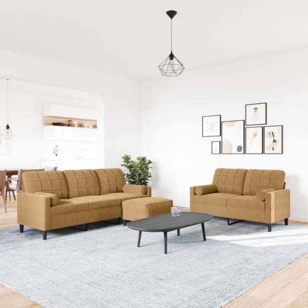 vidaXL 3-tlg. Sofagarnitur mit Kissen und Nackenrollen Braun Samt 3278428 Bild 2