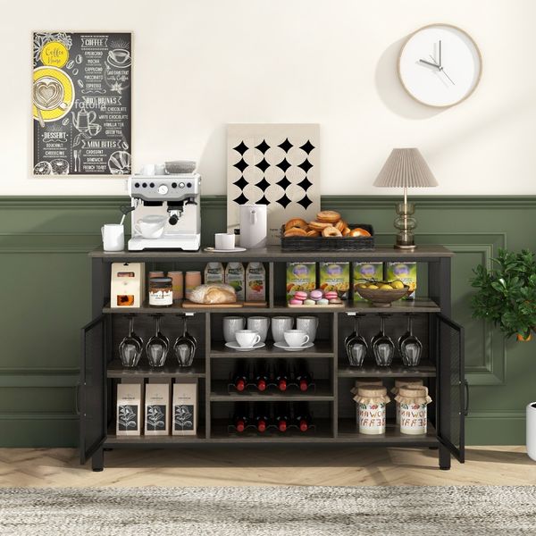 Sideboard mit 2 Metallgittertüren & Offenen Fächern & Weinregalen & Weinglashaltern Grau
