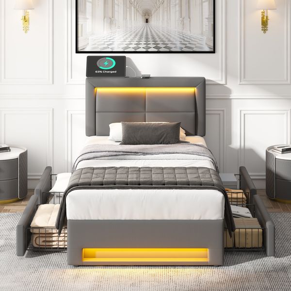 Polsterbett 90×200 cm mit USB-Anschluss, LED und 4 Schubladen, Grau