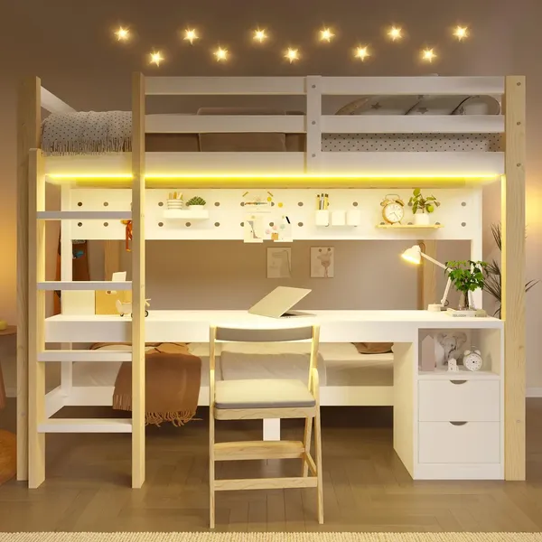 Etagenbett mit Schreibtisch, LED-Beleuchtung, Lattenrost, Wandgitter, Schubladen, Rausfallschutz, Trittleiter und Regal, 140x200 cm/90x200 cm, Kinderbett, Kiefer