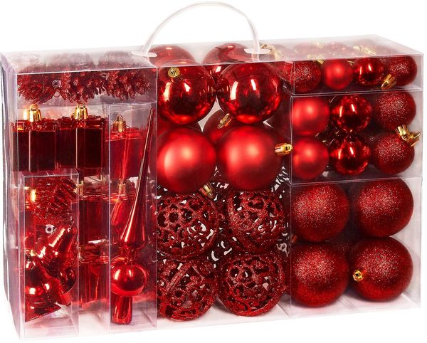 BRUBAKER Weihnachtsbaumkugel 101-teiliges Weihnachtskugel-Set mit Baumspitze, Christbaumschmuck aus Kunststoff, Weihnachtsdekoration edel und robust