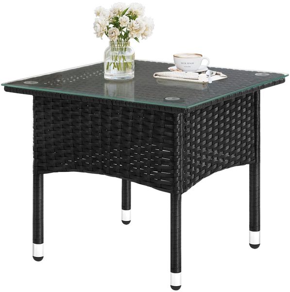 WOLTU Polyrattan Beistelltisch, Balkontisch klein, Gartentisch wetterfest, eckig, mit Glasplatte, für Balkon Terrasse Garten, 50 x 45,5 x 50 cm, Schwarz