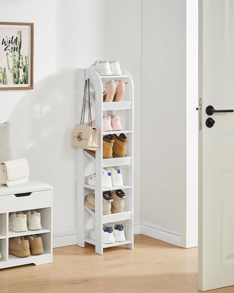 Vertikales Schuhregal, 7 Ebenen Schmale Schuhregale, Holz-Schuh-Organizer Für Schrank, Eingang, Schuhturm Für Kleine Räume, Freistehend, Verstellbar, mit Haken, Weiß