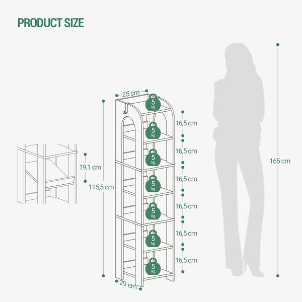 Vertikales Schuhregal, 7 Ebenen Schmale Schuhregale, Holz-Schuh-Organizer Für Schrank, Eingang, Schuhturm Für Kleine Räume, Freistehend, Verstellbar, mit Haken, Weiß Bild 9