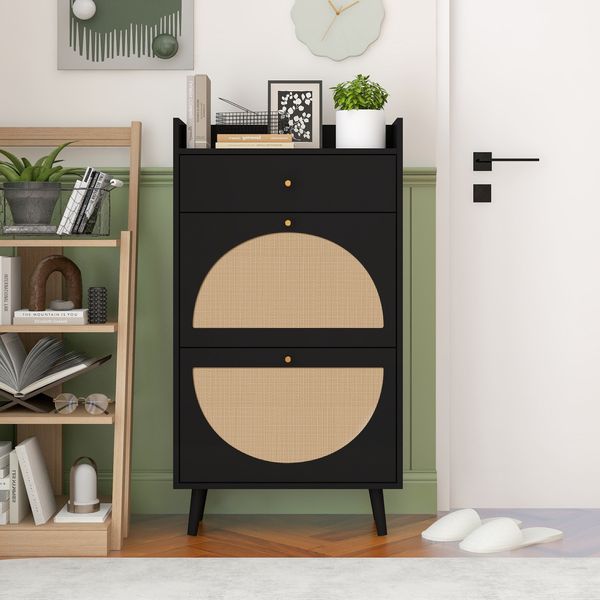 Schuhschrank Breite 110.3 x 60.2 x 24 cm, schwarz, mit Schublade, 2 Türen und Rattan-Optik
