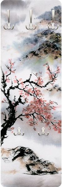 Bilderdepot24 Garderobenpaneel grau Wald Natur Vintage Japanische Aquarell Zeichnung Kirschbaum Berge (ausgefallenes Flur Wandpaneel mit Garderobenhaken Kleiderhaken hängend), moderne Wandgarderobe - Flurgarderobe im schmalen Hakenpaneel Design