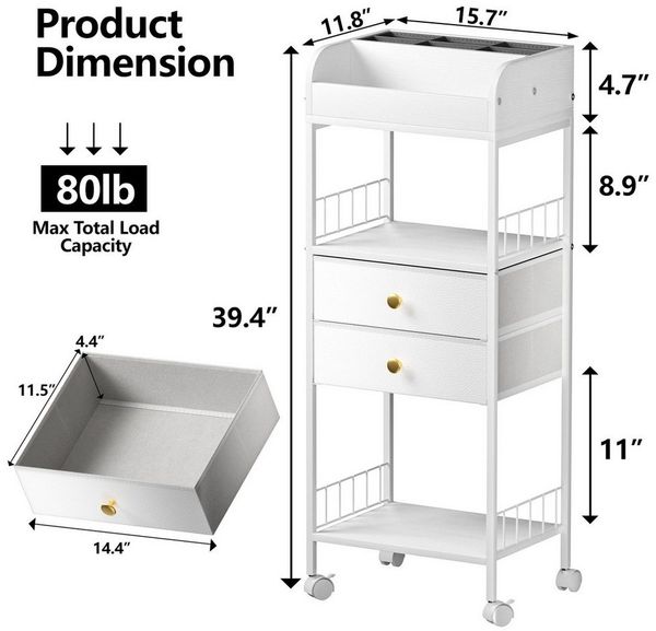 JEOBEST Schminktisch Makeup Organizer mit Rollen, mit 2 Stoff Schubladen und Ablagen, Metallrahmen