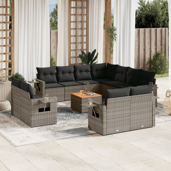 vidaXL 12-tlg. Garten-Sofagarnitur mit Kissen Grau Poly Rattan 3224828