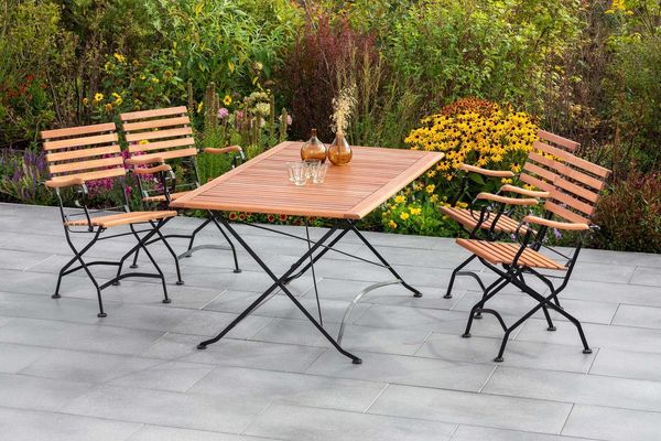 Schlossgarten Gartenmöbel Set 5tlg, 4 Klappsessel, Klapptisch 160 x 90 cm, Flachstahl/Eukalyptus