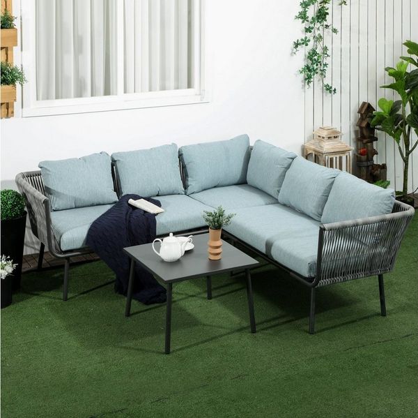Outsunny Sitzgruppe Gartengarnitur mit 2 Doppelsofas, 1 Ecksofa, 1 Couchtisch, (Gartenmöbel-Set, 4-tlg, Sitzgarnitur), Grau, Blau 191L x 191B x 65H cm