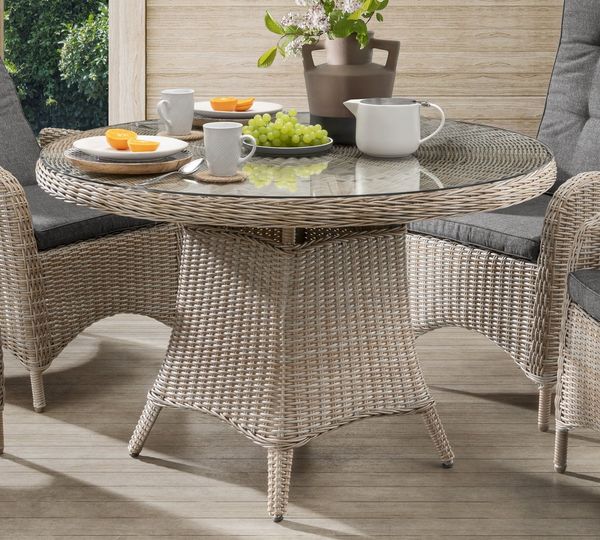 Destiny Garten-Essgruppe PALMA LUNA, (Set, 5-tlg, 1 Tisch Ø, 4 Hochlehner, verstellbar), (Set, 9-tlg, 4 Hochlehner, 1 Tisch Ø 100x75cm) Aluminium, Polyrattan