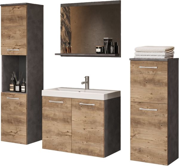 welltime Badmöbel-Set PARLA, (Komplett-Set, 5-St), Waschtisch inkl. Waschbecken, Spiegel, Hochschrank und Hängeschrank