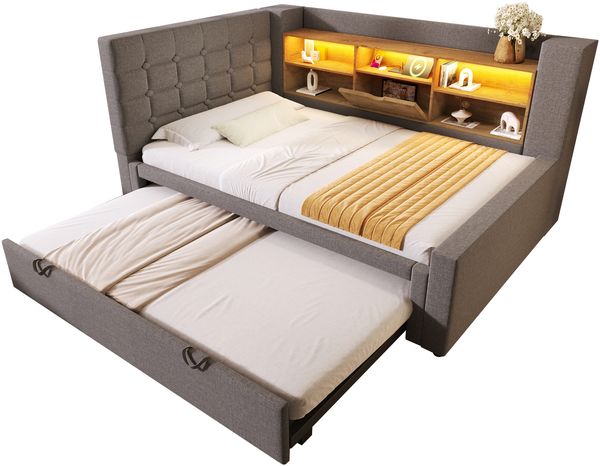 Polsterbett Ausziehbett 90/180x200 cm mit LED, USB-C, Stauraum und Lattenrost, Leinen Grau, ohne Matratze Bild 8