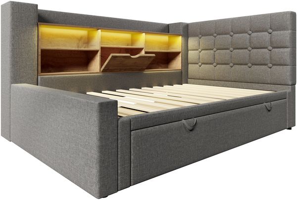 Polsterbett Ausziehbett 90/180x200 cm mit LED, USB-C, Stauraum und Lattenrost, Leinen Grau, ohne Matratze Bild 7
