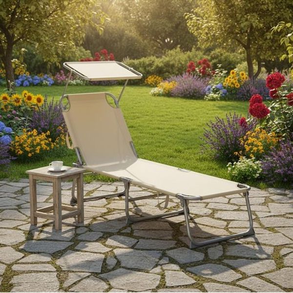 SONGMICS Sonnenliege klappbar, belastbar bis 110 kg, verstellbare Sonnenblende, Rückenlehne, beige