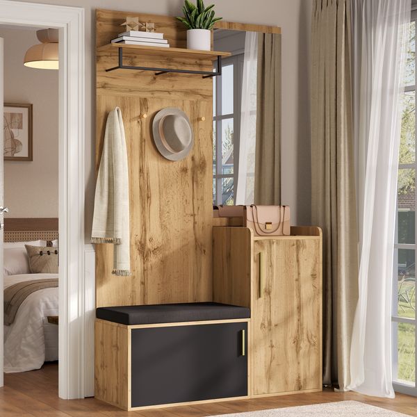 Kompaktgarderobe mit Spiegel, Sitzbank & Schuhschrank, 100x38x185 cm, Natur/Schwarz