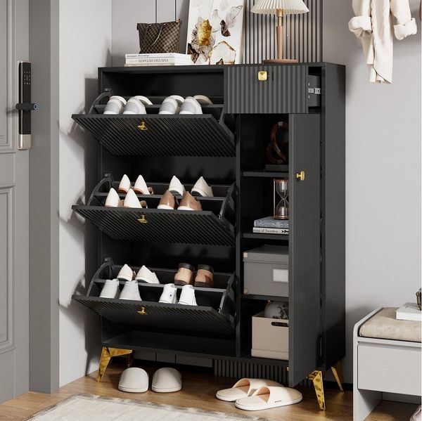 Merax Schuhschrank mit 3 Klappen (1-St) Schuhregal mit Tür und Schublade,Sideboard Schuhkipper H121/B90/ T25cm